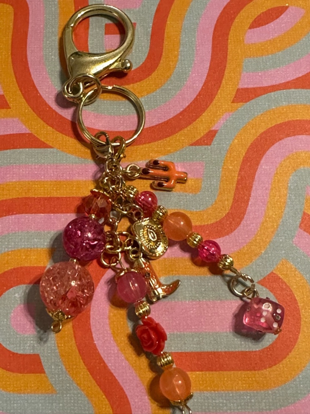 Hand Crafted Gold-Tone Pink & Orange Beaded Keyring Charm